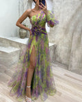 Women's full-length tulle gown with open back