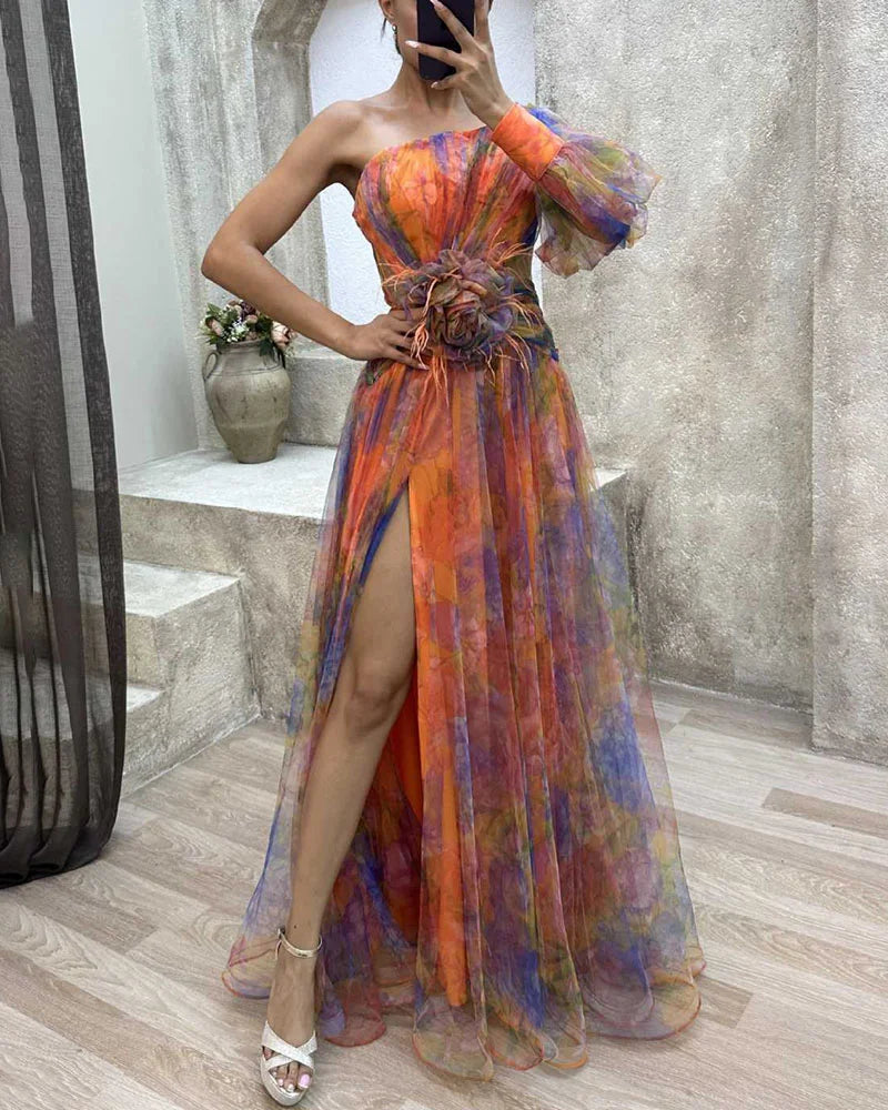 Women's full-length tulle gown with open back