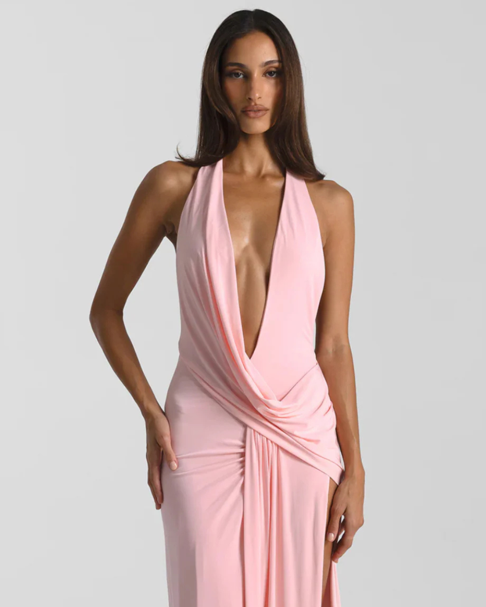 Women’s Open-Back Maxi Dress with Halter Neck and Deep V-Neck