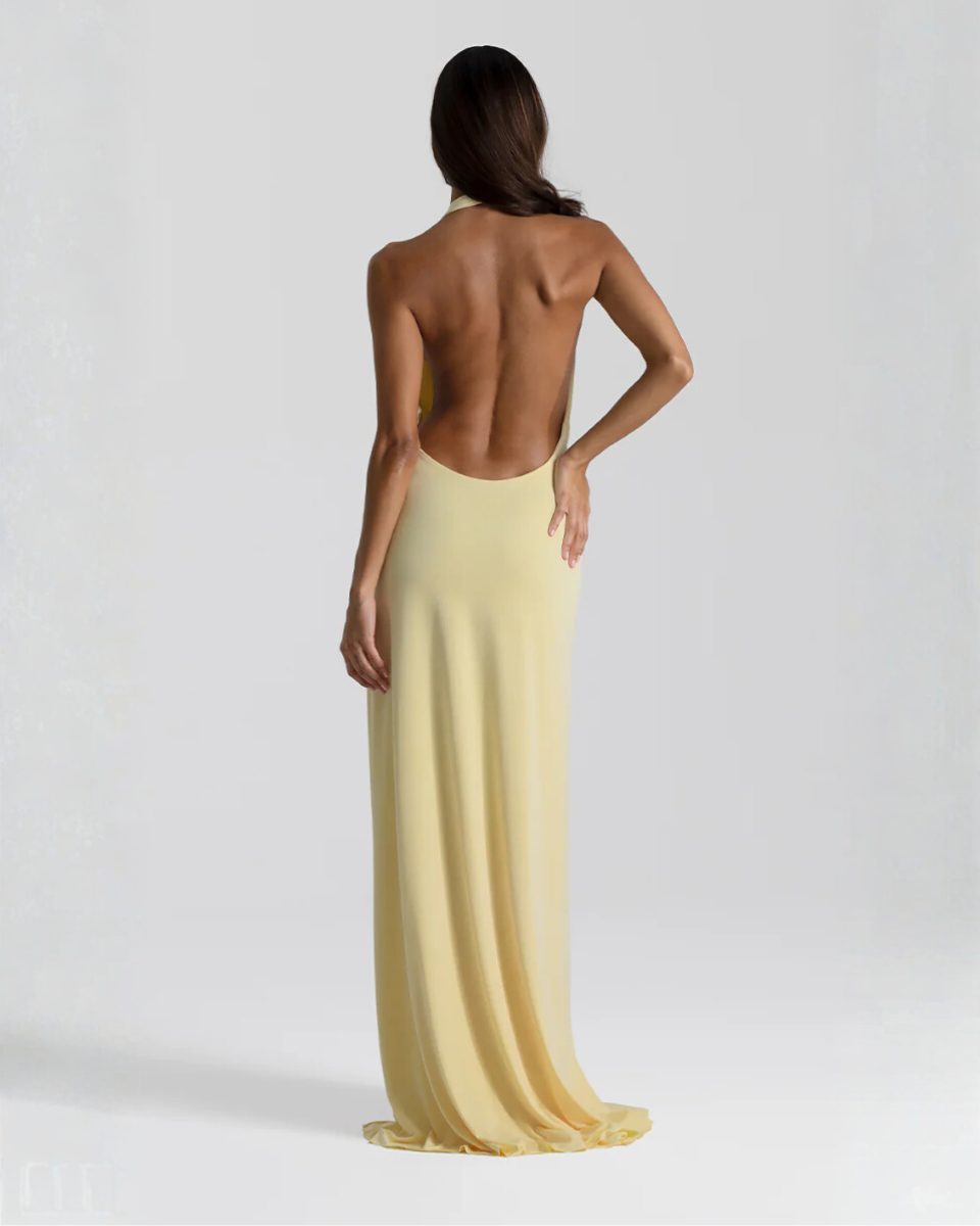 Women’s Open-Back Maxi Dress with Halter Neck and Deep V-Neck