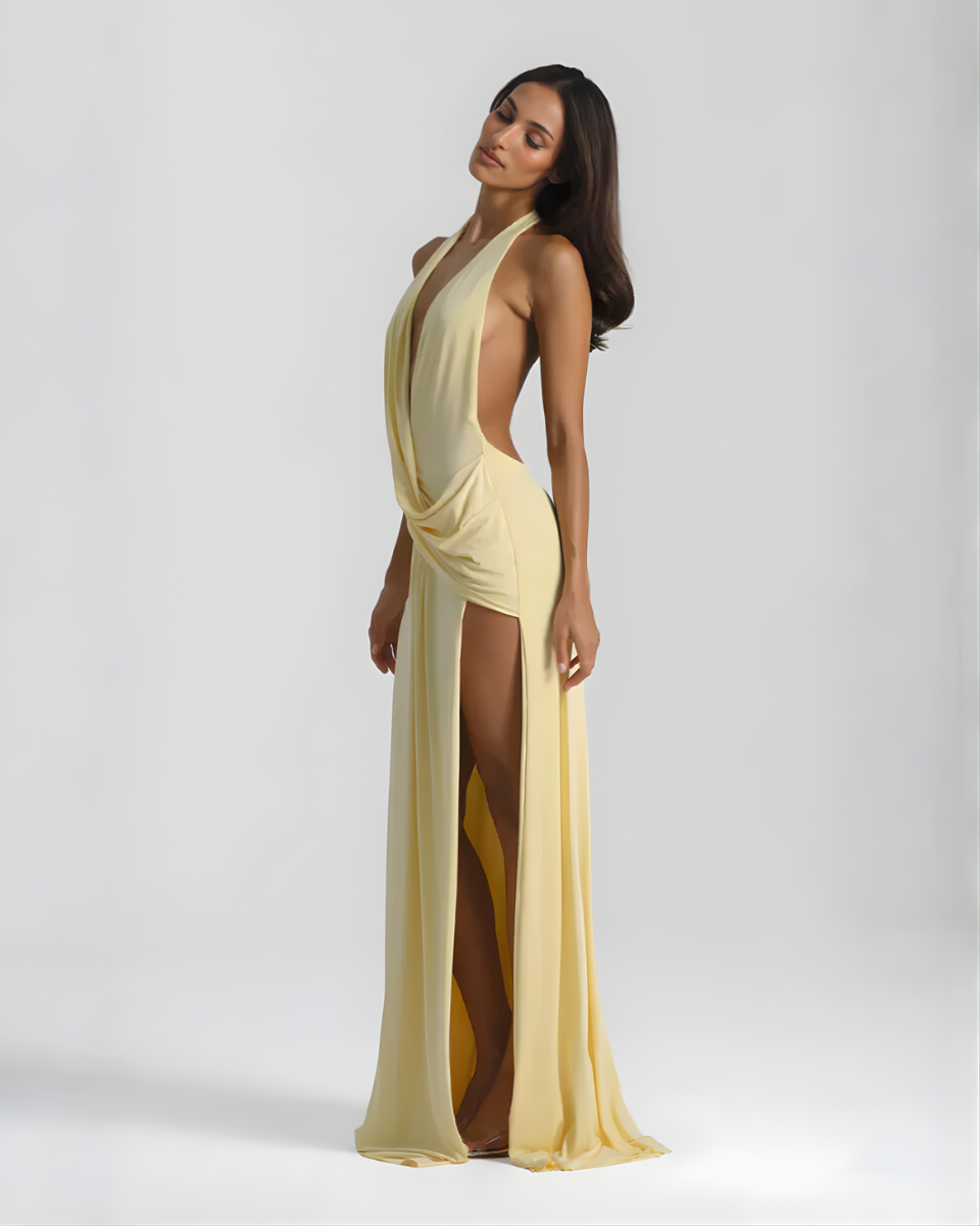 Women’s Open-Back Maxi Dress with Halter Neck and Deep V-Neck