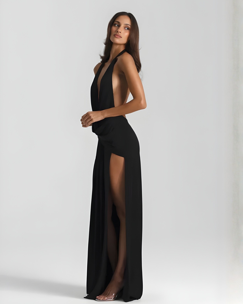 Women’s Open-Back Maxi Dress with Halter Neck and Deep V-Neck