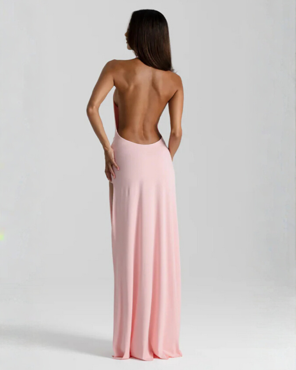Women’s Open-Back Maxi Dress with Halter Neck and Deep V-Neck
