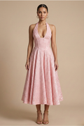 Women's halter neck midi dress with corset bodice and jacquard pattern