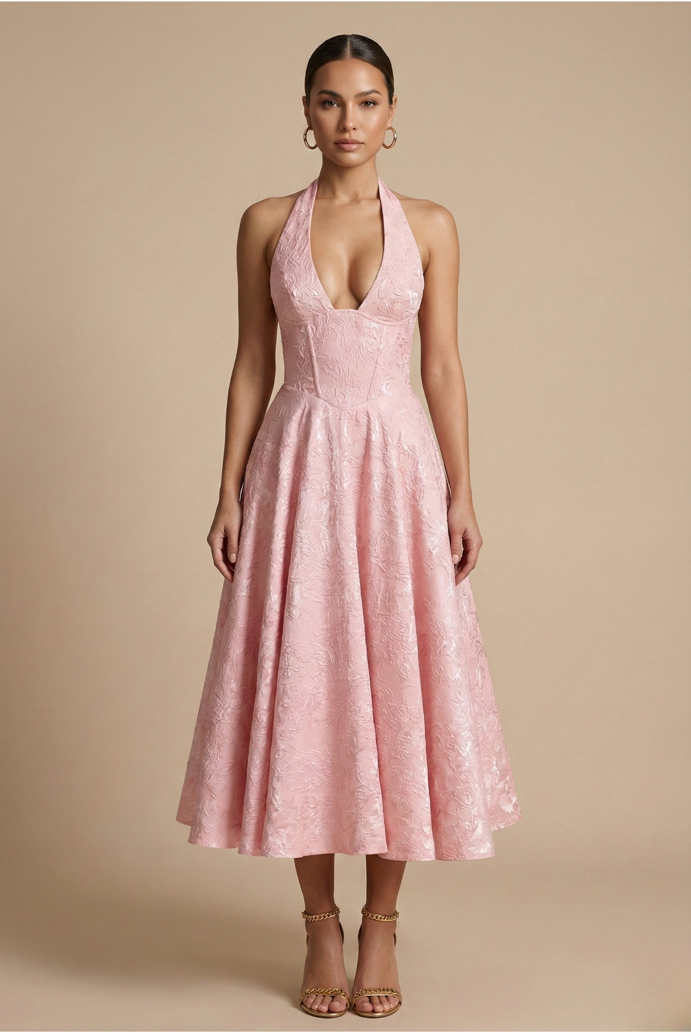 Women's halter neck midi dress with corset bodice and jacquard pattern