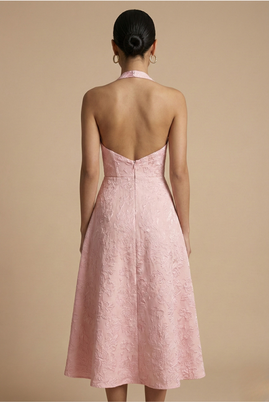Women's halter neck midi dress with corset bodice and jacquard pattern