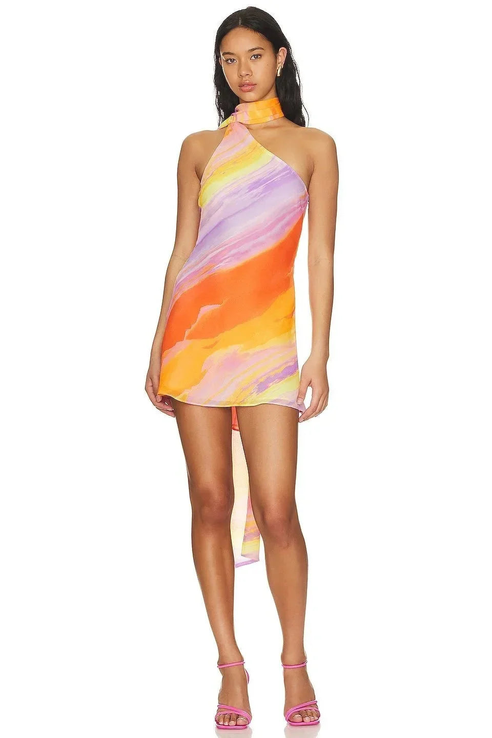 Women's halter neck mini dress with flowing skirt