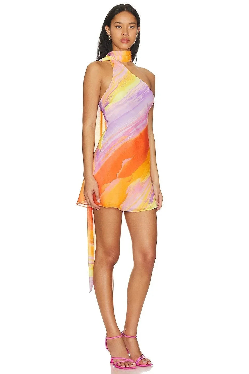 Women's halter neck mini dress with flowing skirt