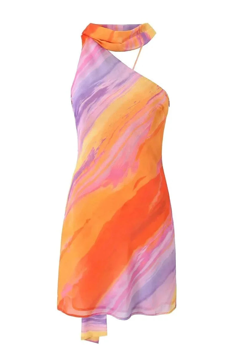Women's halter neck mini dress with flowing skirt