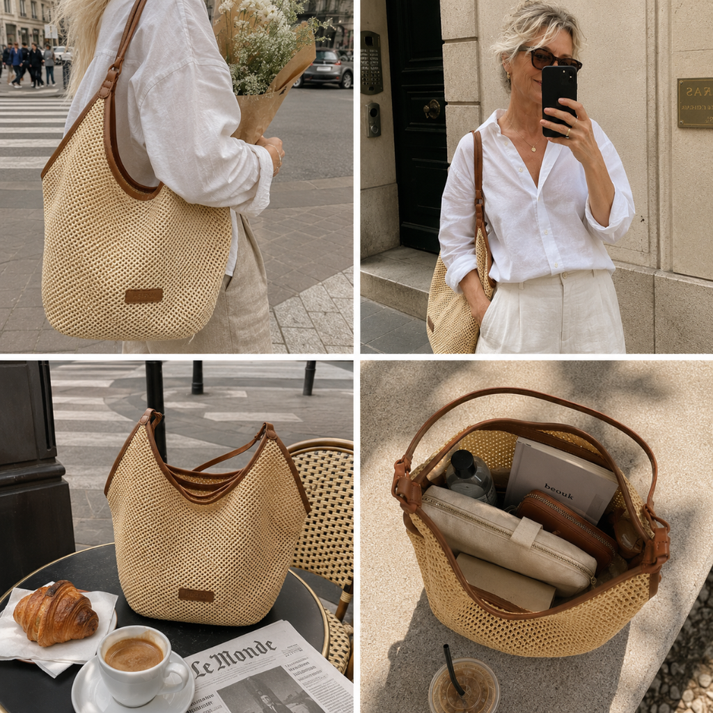 Women's hobo bag with open weave and top handle