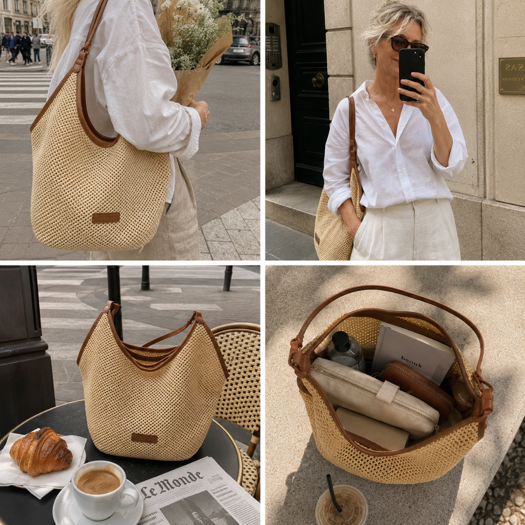 Women's hobo bag with open weave and top handle