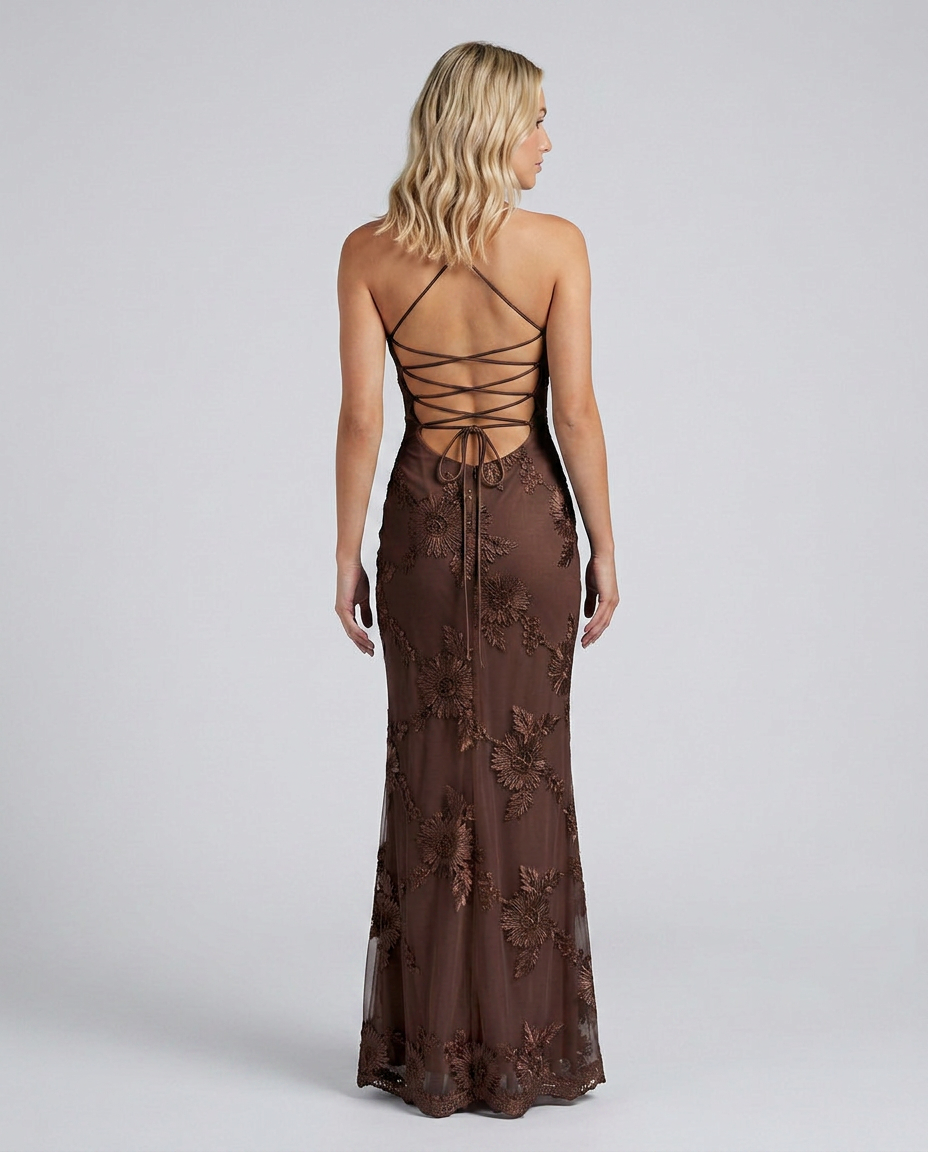 Women’s Lace Maxi Dress with Open Back and Strapless Neckline