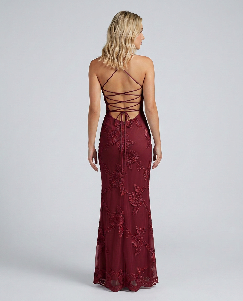 Women’s Lace Maxi Dress with Open Back and Strapless Neckline