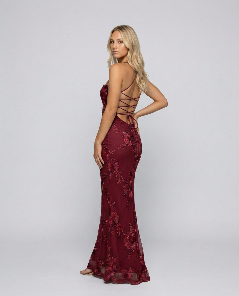 Women’s Lace Maxi Dress with Open Back and Strapless Neckline