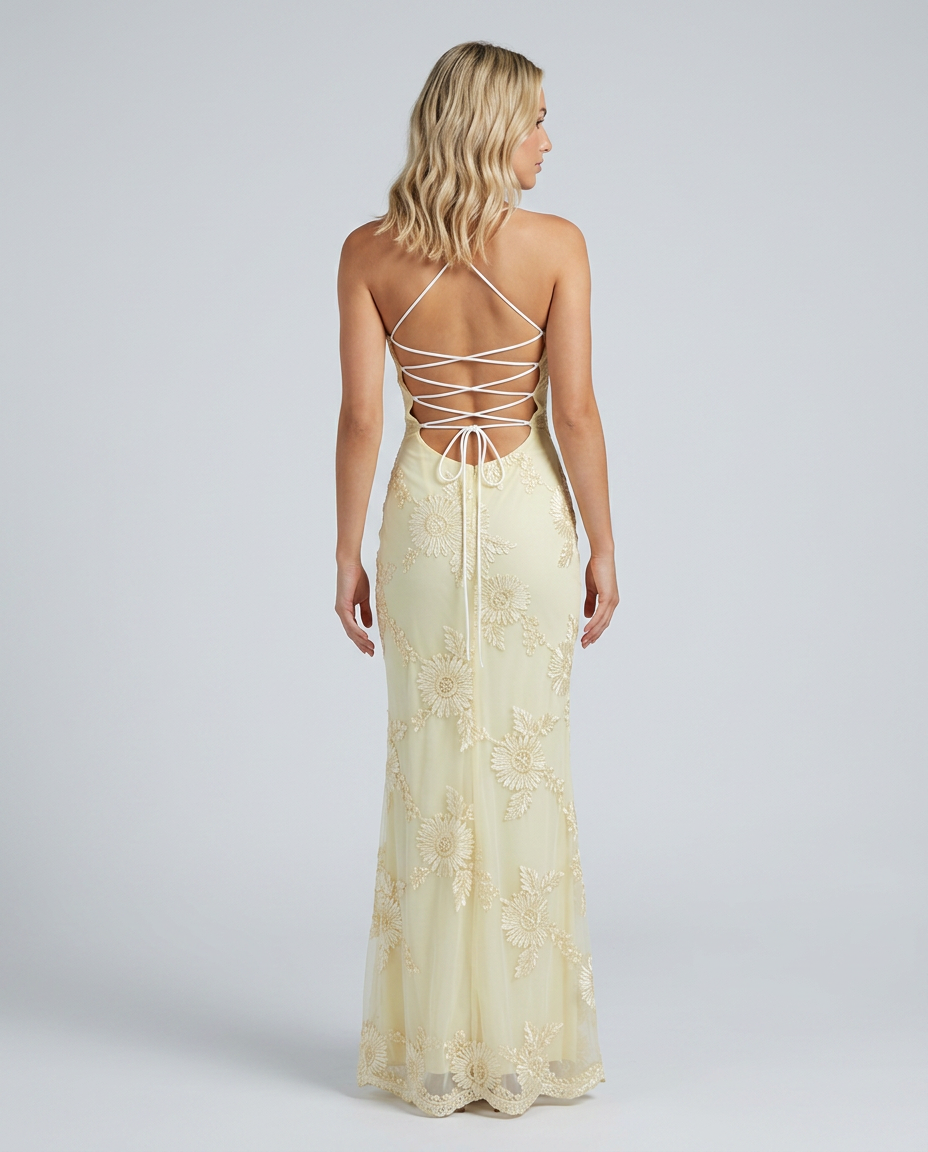 Women’s Lace Maxi Dress with Open Back and Strapless Neckline