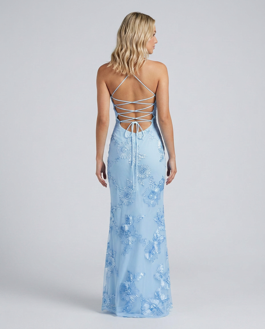 Women’s Lace Maxi Dress with Open Back and Strapless Neckline