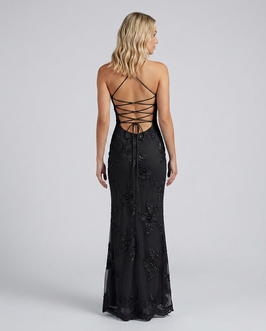 Women’s Lace Maxi Dress with Open Back and Strapless Neckline