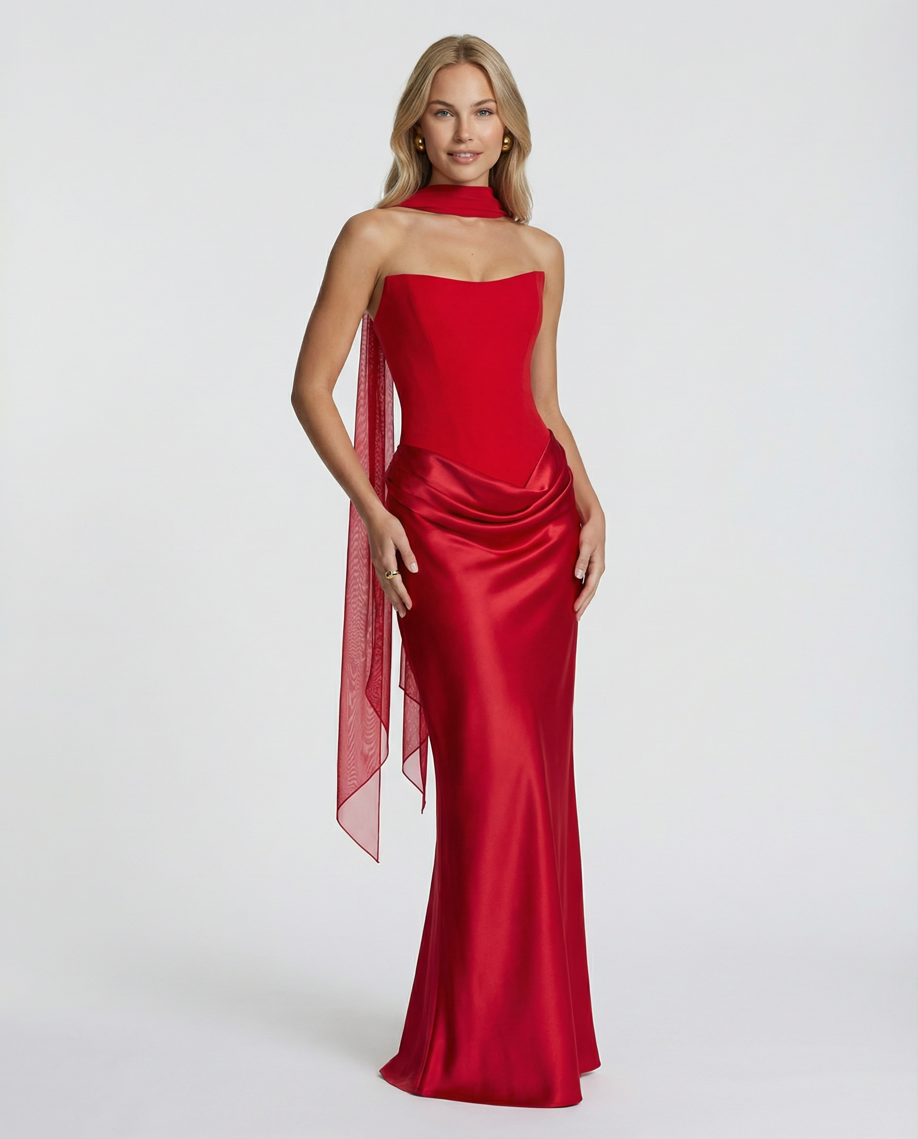 Women’s Maxi Dress with Strapless Neckline and Matching Scarf