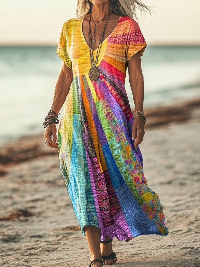 Women's midi dress with sun pattern and short sleeves
