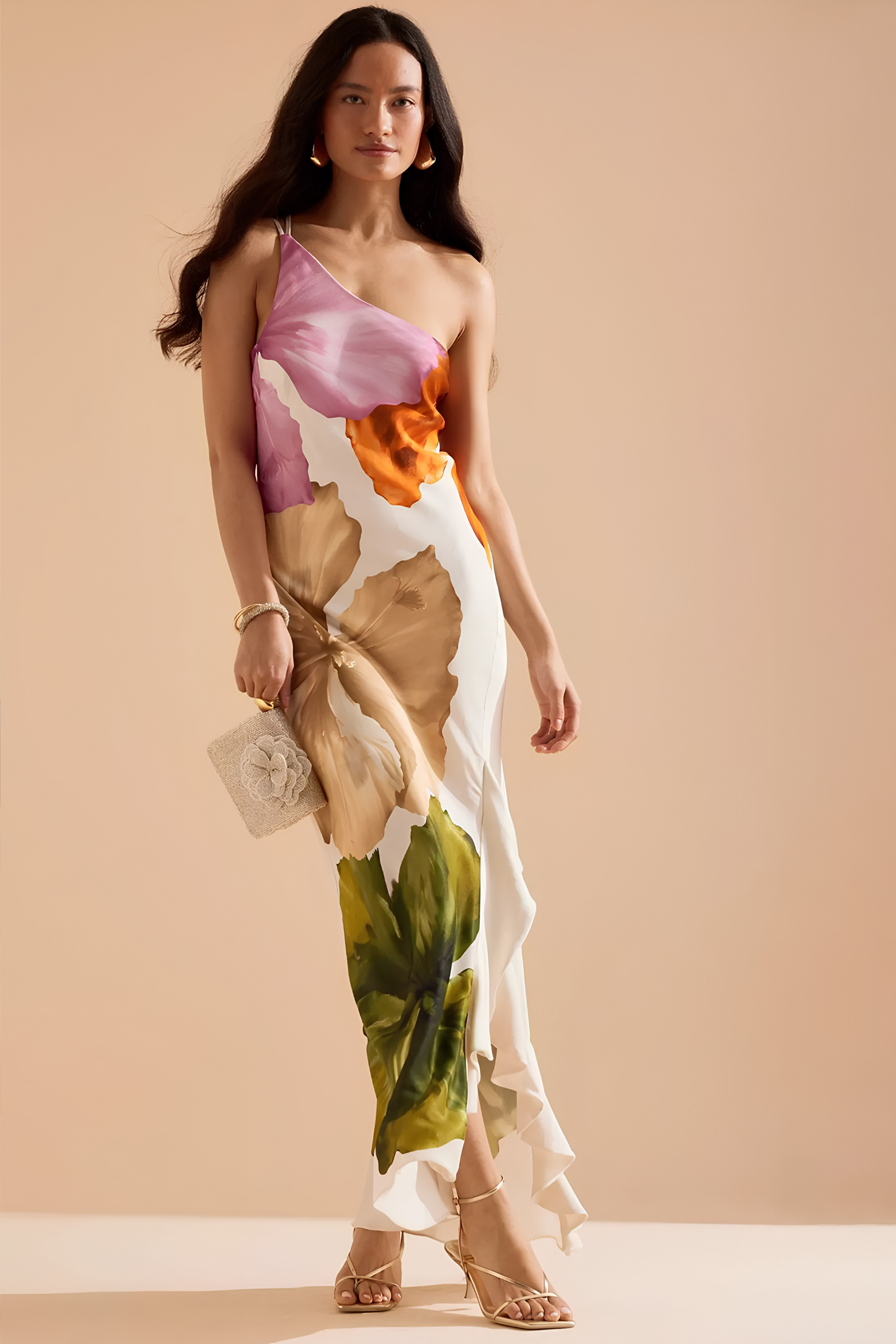 Women's one-shoulder maxi dress with floral print and asymmetric hem