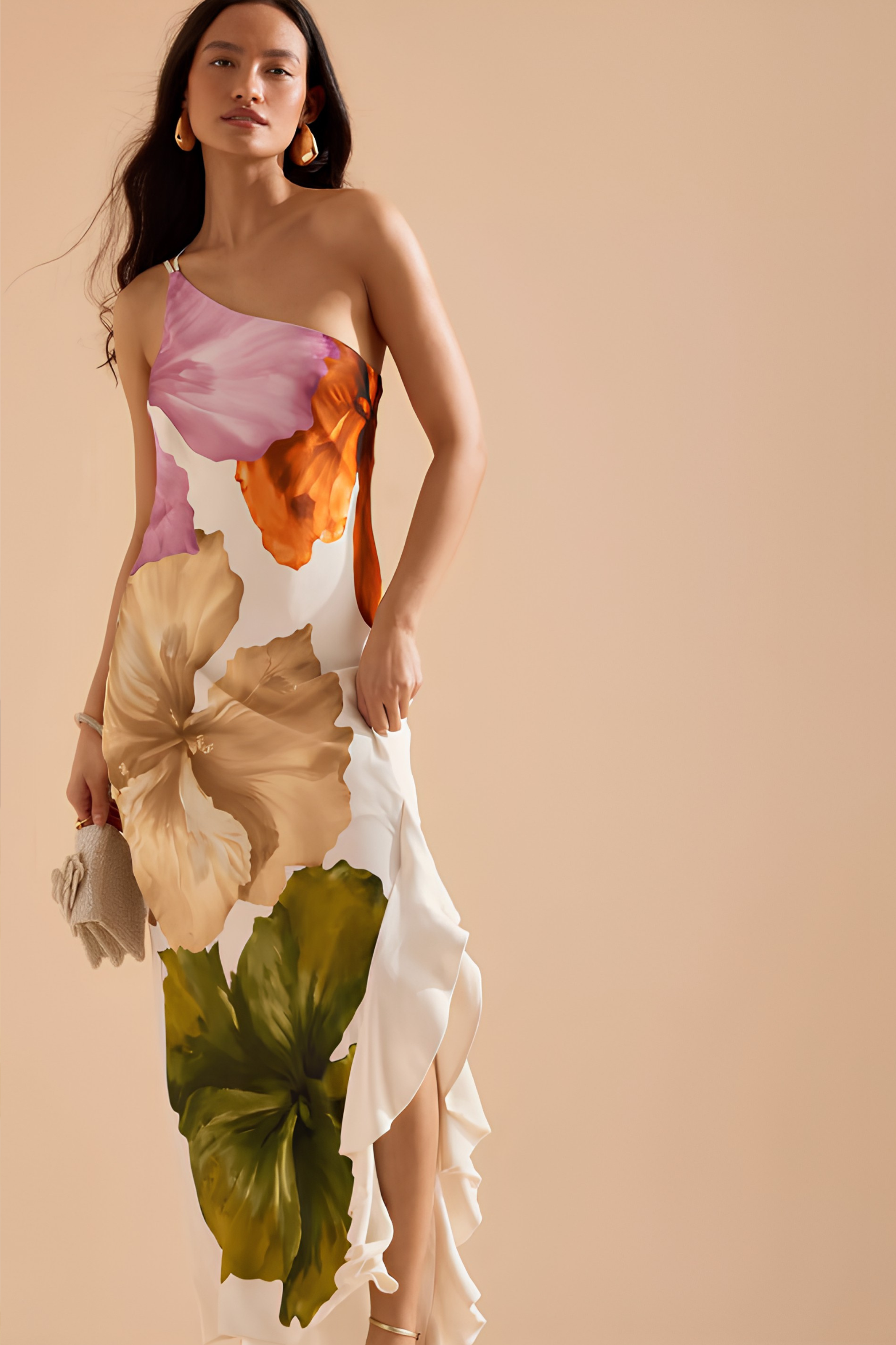 Women's one-shoulder maxi dress with floral print and asymmetric hem