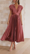 Women's pleated midi dress with V-neckline