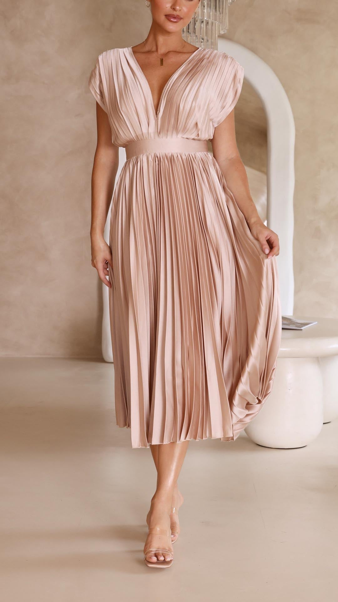Women's pleated midi dress with V-neckline