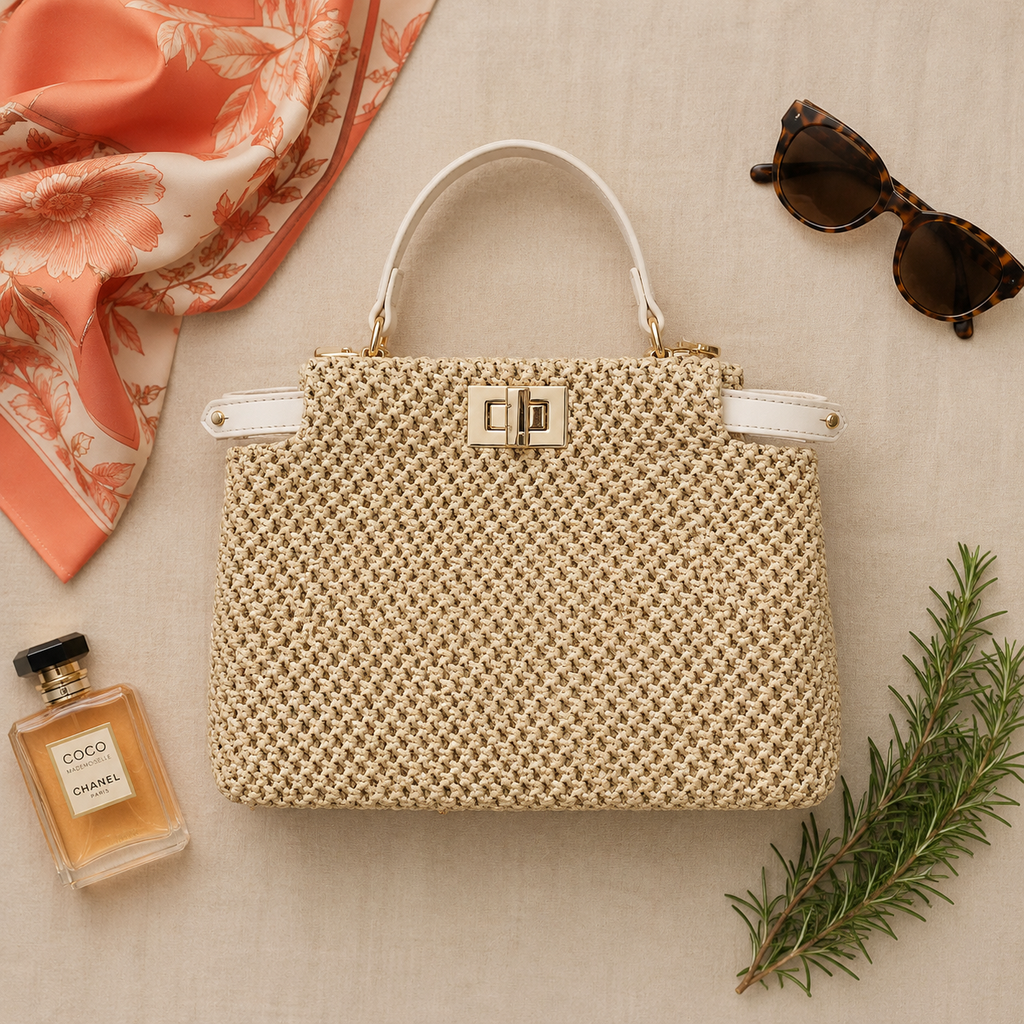Women's portable shoulder bag with woven straw construction