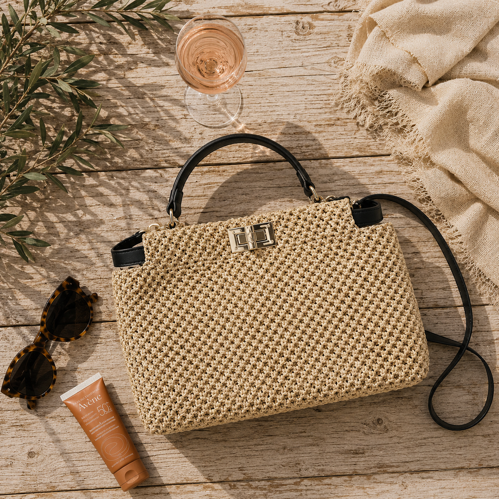 Women's portable shoulder bag with woven straw construction