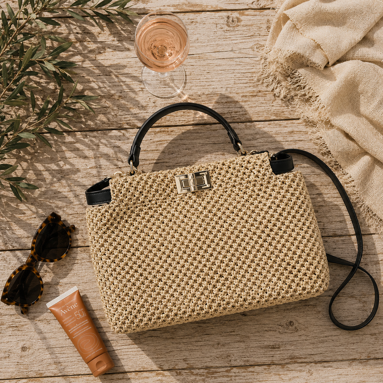 Women's portable shoulder bag with woven straw construction
