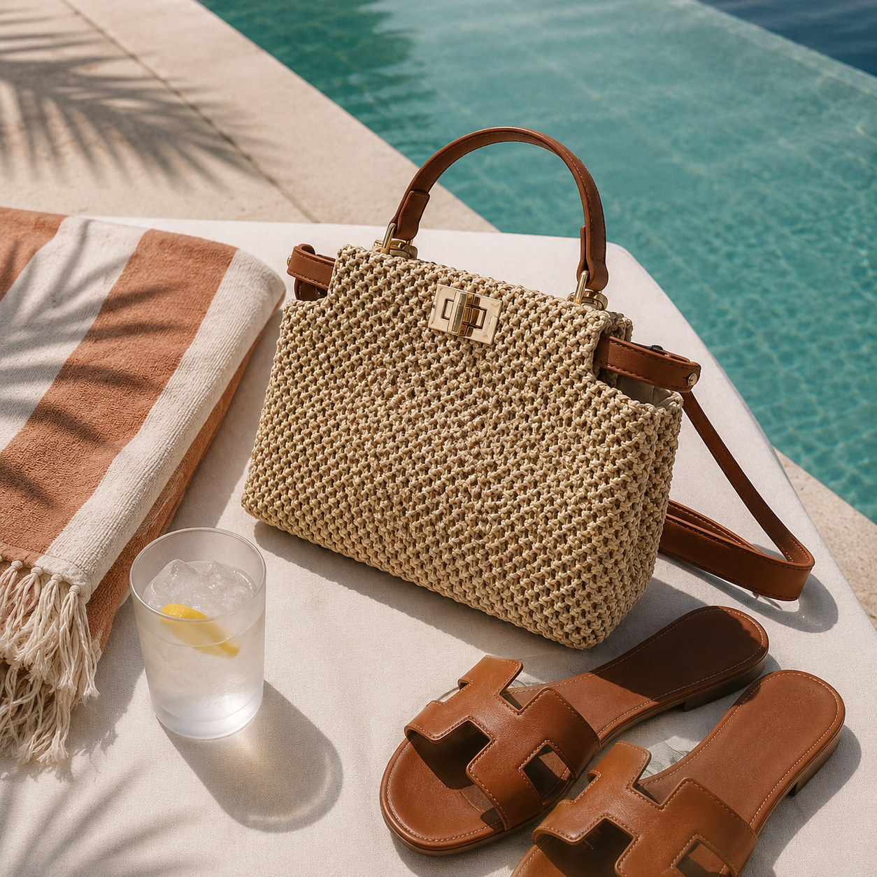 Women's portable shoulder bag with woven straw construction