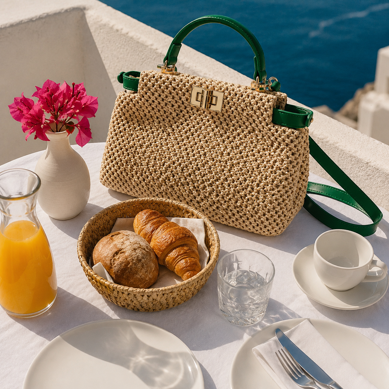 Women's portable shoulder bag with woven straw construction