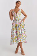 Women's sleeveless midi dress with V-neck and pleated skirt