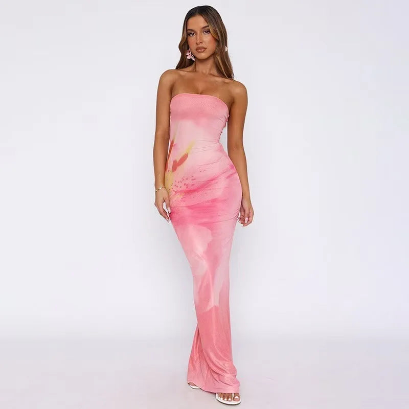 Women's strapless abstract print dress with longer skirt length