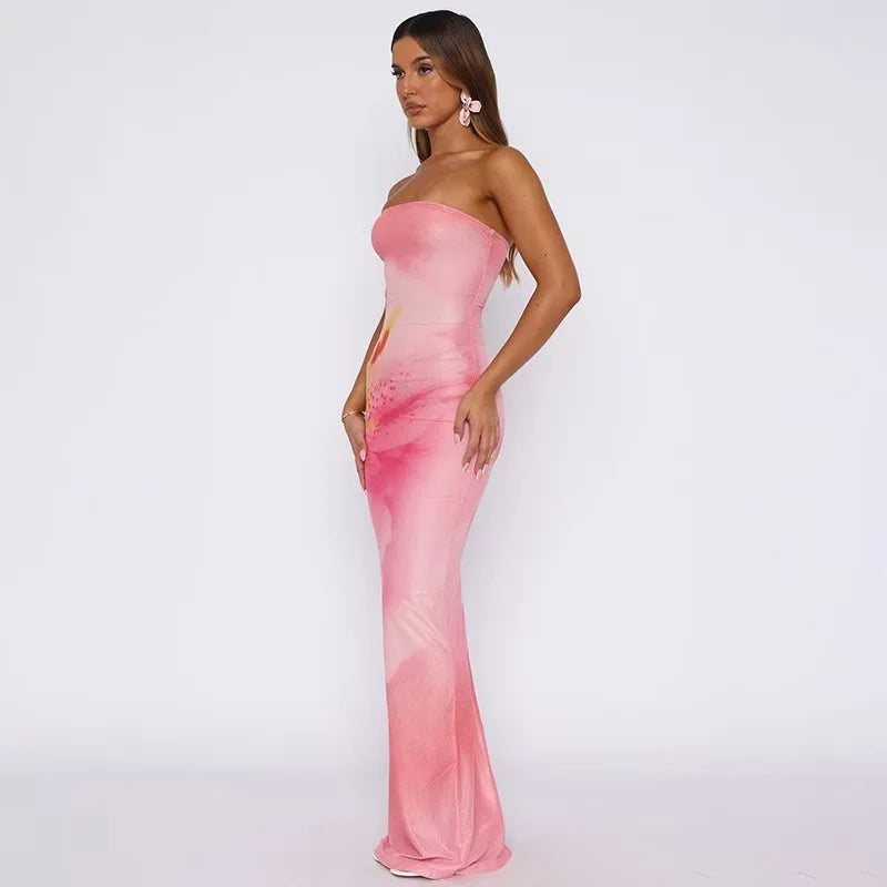 Women's strapless abstract print dress with longer skirt length