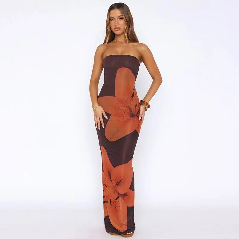 Women's strapless abstract print dress with longer skirt length