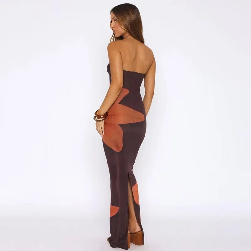Women's strapless abstract print dress with longer skirt length