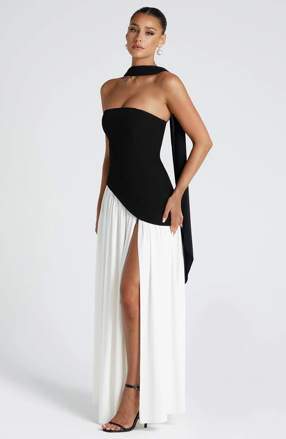 Women’s Maxi Dress with Strapless Neckline and Draped Overlay