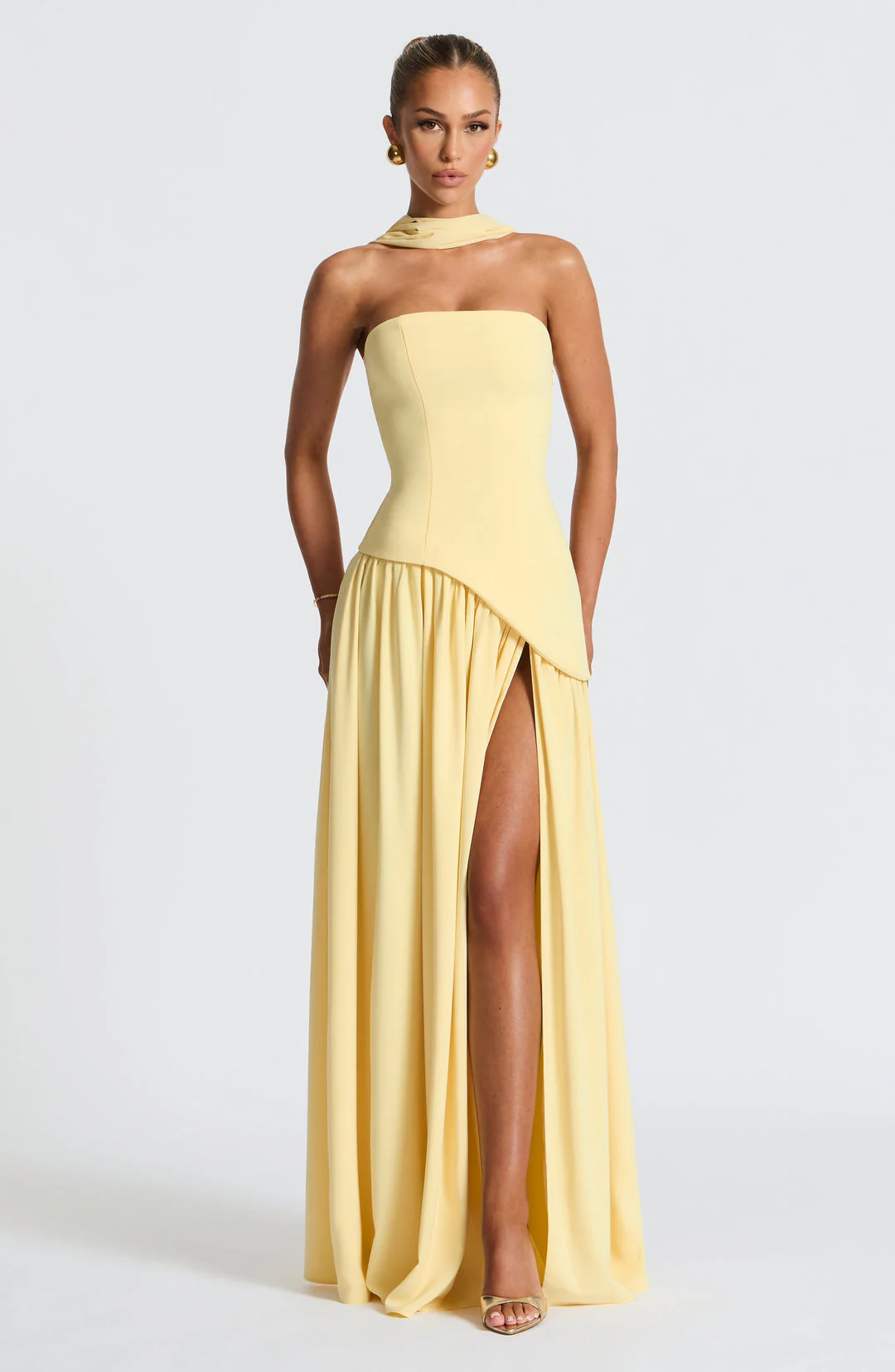 Women’s Maxi Dress with Strapless Neckline and Draped Overlay