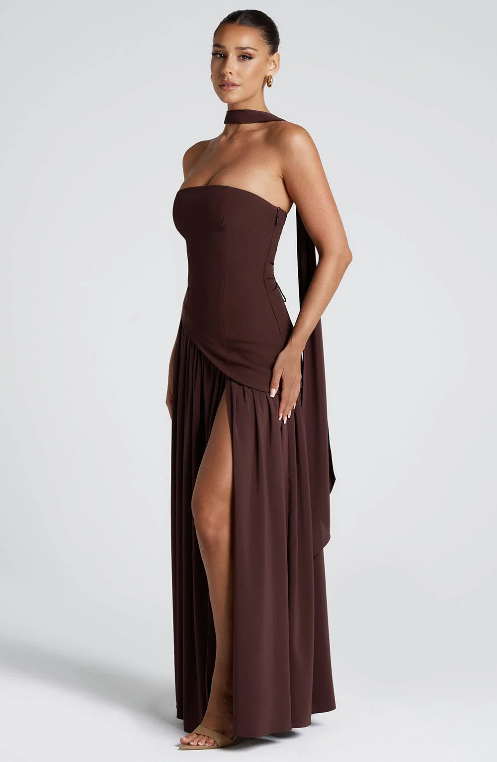 Women’s Maxi Dress with Strapless Neckline and Draped Overlay
