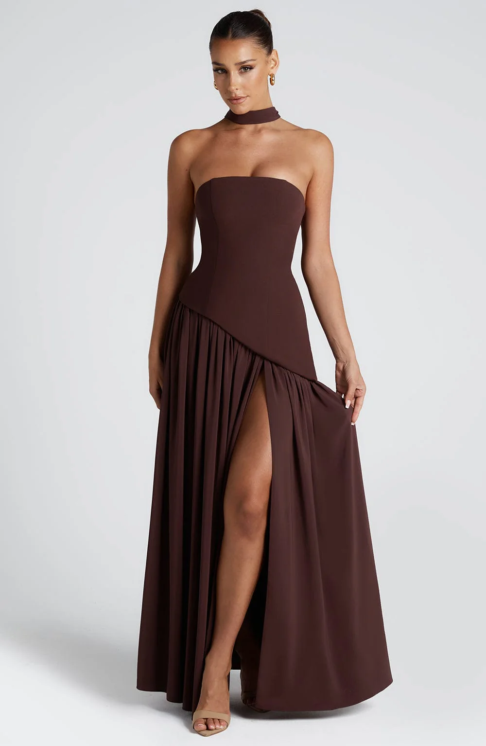 Women’s Maxi Dress with Strapless Neckline and Draped Overlay