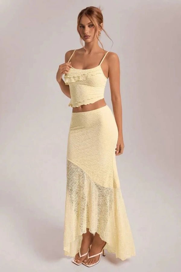 Women's two-piece set with floral lace top and asymmetrical maxi skirt