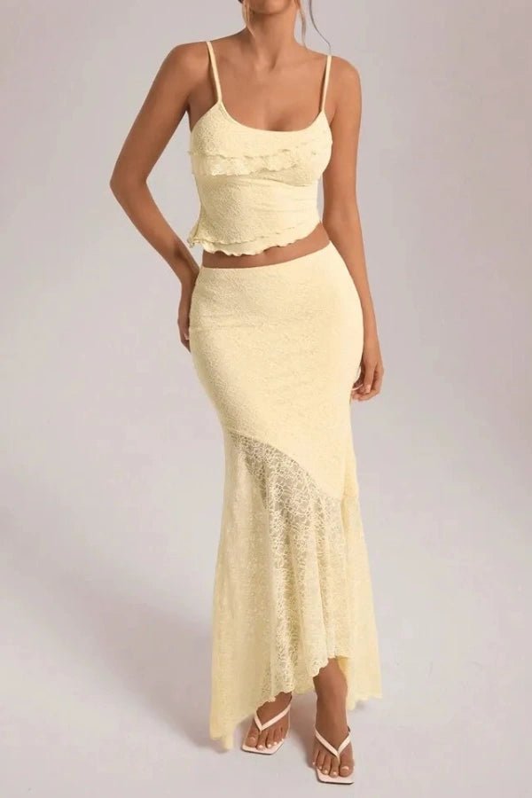 Women's two-piece set with floral lace top and asymmetrical maxi skirt