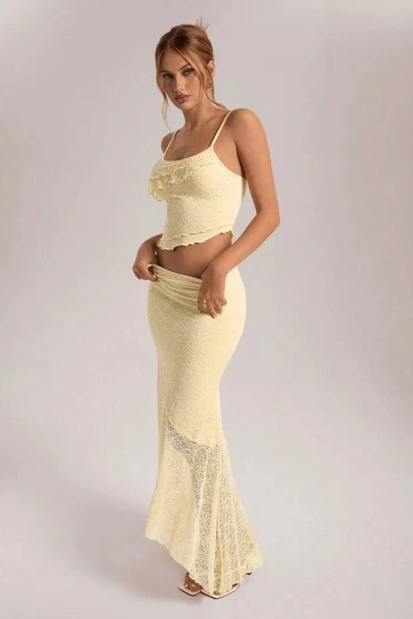 Women's two-piece set with floral lace top and asymmetrical maxi skirt