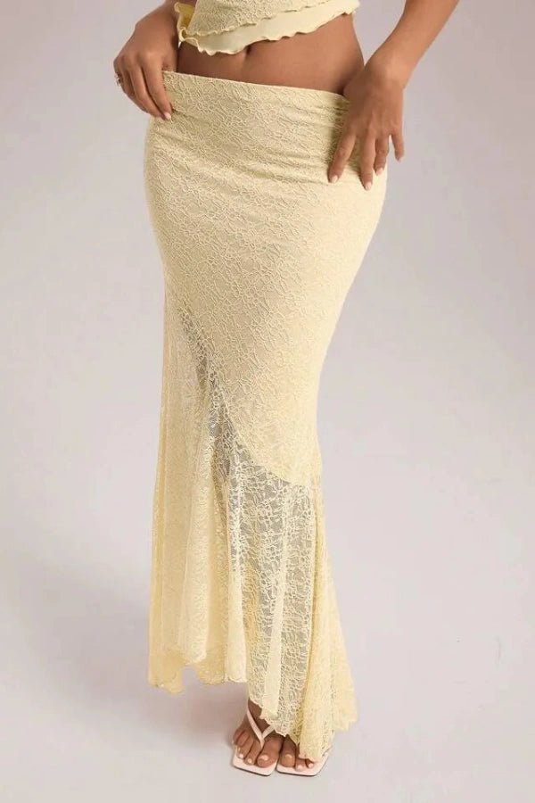 Women's two-piece set with floral lace top and asymmetrical maxi skirt