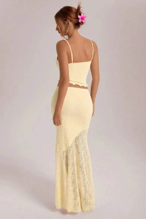 Women's two-piece set with floral lace top and asymmetrical maxi skirt