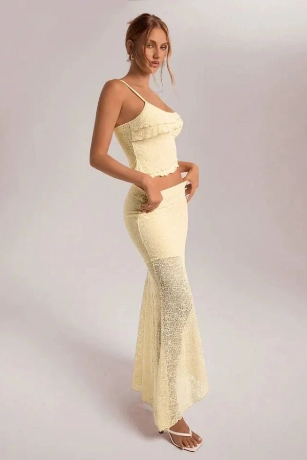 Women's two-piece set with floral lace top and asymmetrical maxi skirt