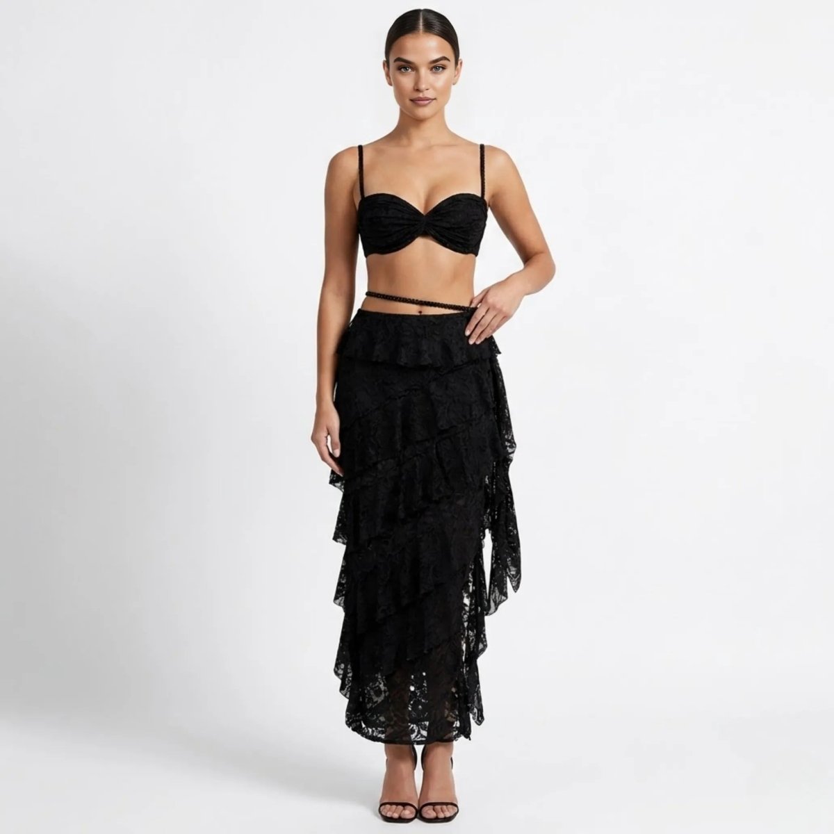 Women's two-piece set with lace bustier and maxi skirt