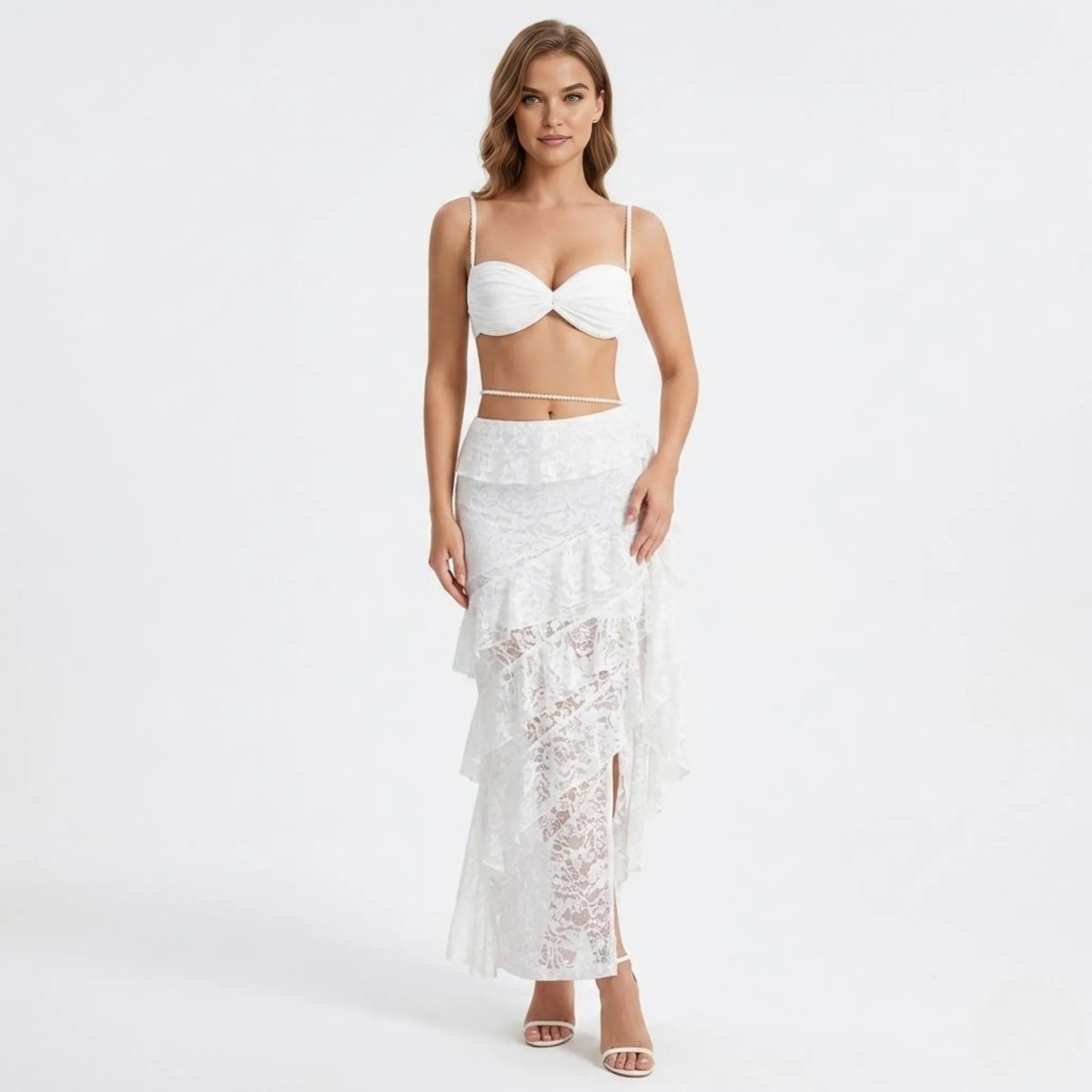 Women's two-piece set with lace bustier and maxi skirt