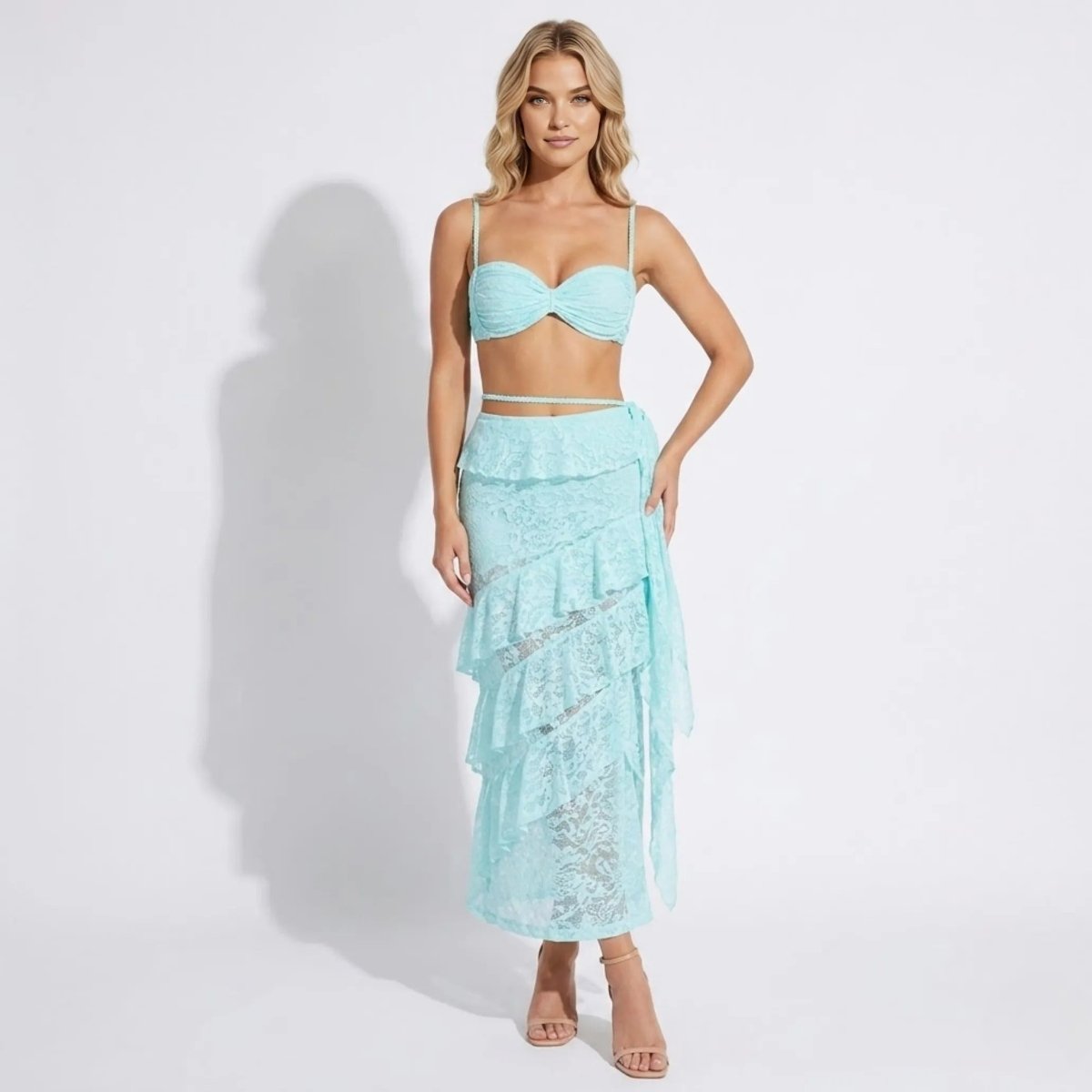 Women's two-piece set with lace bustier and maxi skirt